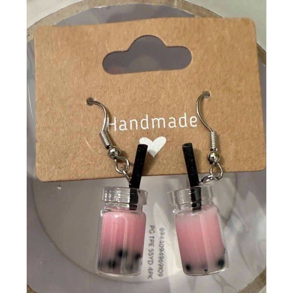 Hand Made PINK BOBA BUBBLE TEA w Straw Hook Dangle Drop Earrings Gift Food NEW